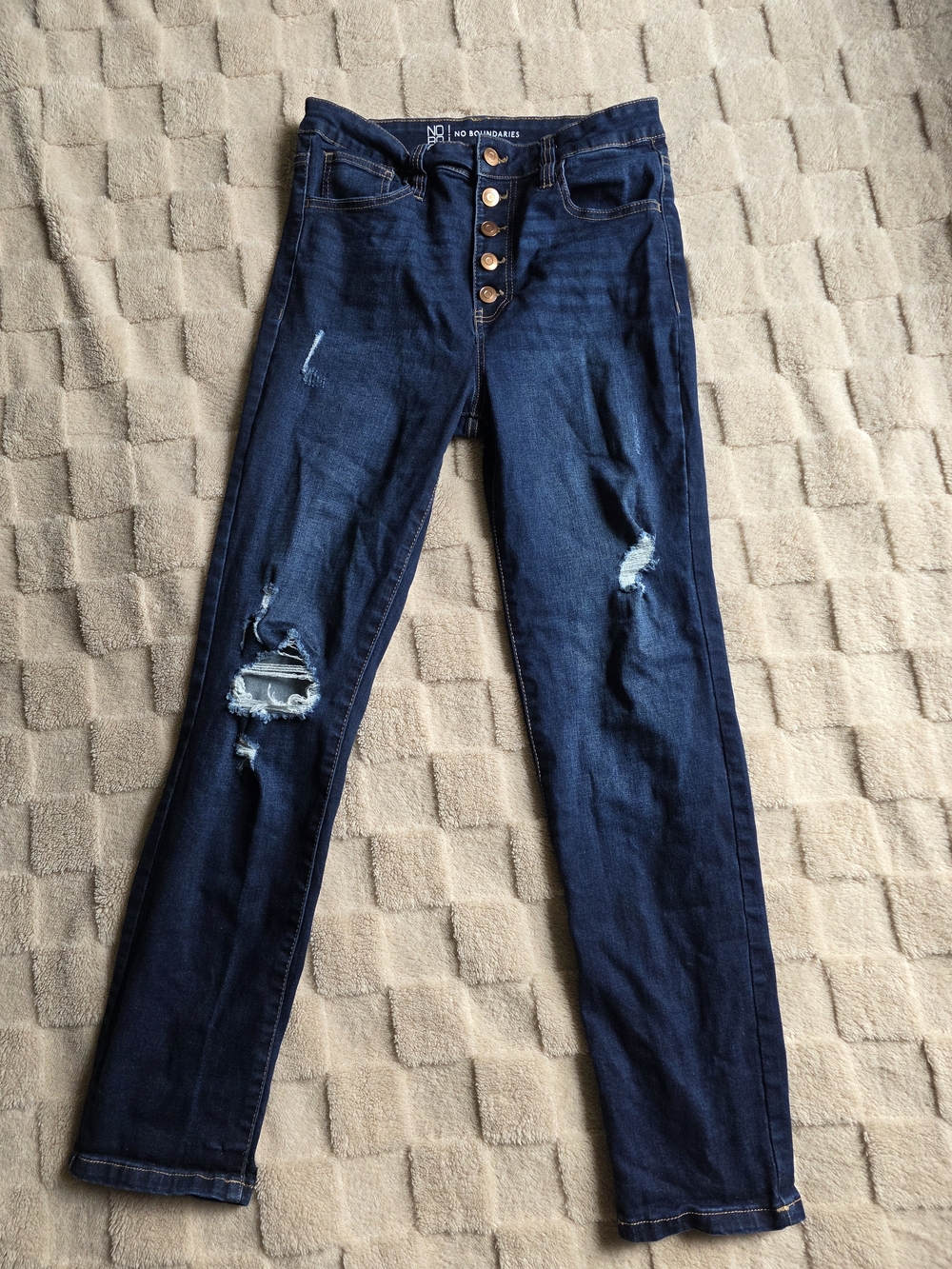 No Boundaries Women's Dark Blue High-Rise Distressed Jeans